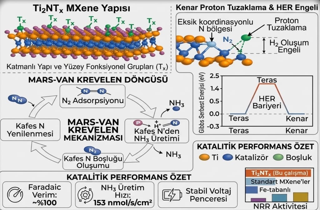 Ti2NTx katalizöründe MvK döngüsü ve hidrojen reaksiyonunu bastıran proton tuzakları